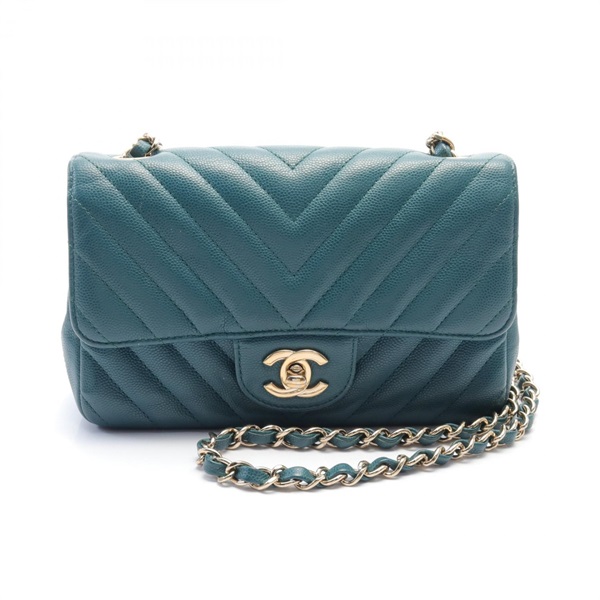 CHANEL CC Chevron V Stitch Chain Shoulder Bag Caviar skin Green Used Women Coco