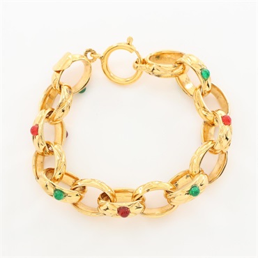 CHANEL Gripoix chain Bracelet 18.5cm Gold Plated Glass Red Green Used