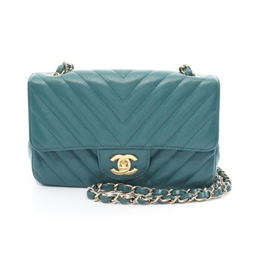 CHANEL CC Chevron V Stitch Chain Shoulder Bag Caviar skin Green Used Women Coco