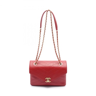 CHANEL Chevron V Stitch chain Shoulder Bag leather Red Used GHW