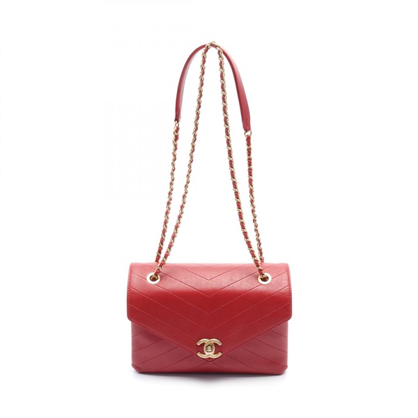CHANEL Chevron V Stitch chain Shoulder Bag leather Red Used GHW