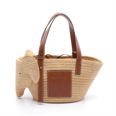 LOEWE basket small Hand bag A546T37X01 leather Raffia Beige Brown Used Women