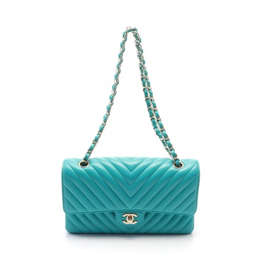 CHANEL Chevron V-stitch W-flap Shoulder Bag A01166 leather Green Used Women Coco