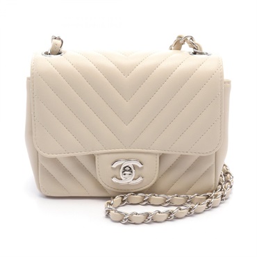 CHANEL Mini flap chevron V-stitch Shoulder Bag A35200 Lamb leather Beige Used CC