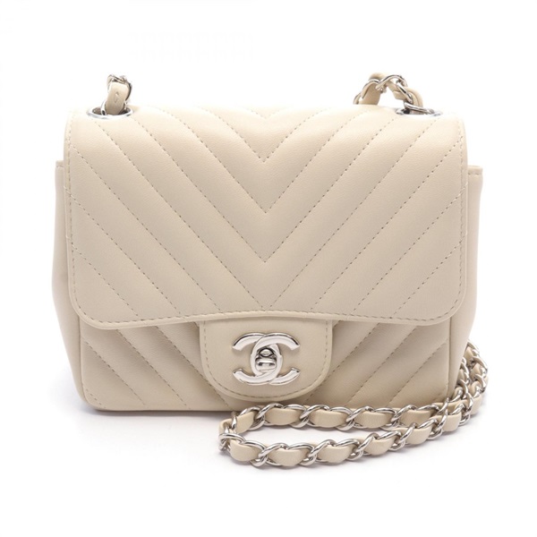 CHANEL Mini flap chevron V-stitch Shoulder Bag A35200 Lamb leather Beige Used CC