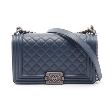 CHANEL Boy Chanel Matelasse Shoulder Bag A67086 Calfskin (cowhide) Grained calf Navy Used Women