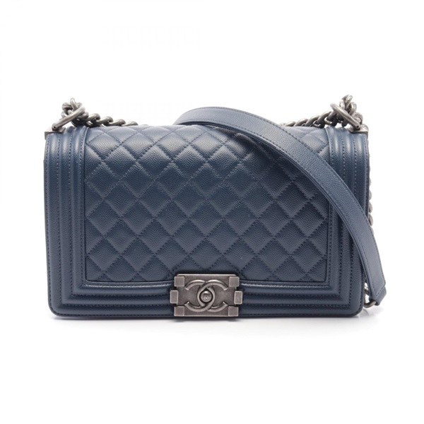 CHANEL Boy Chanel Matelasse Shoulder Bag A67086 Calfskin (cowhide) Grained calf Navy Used Women