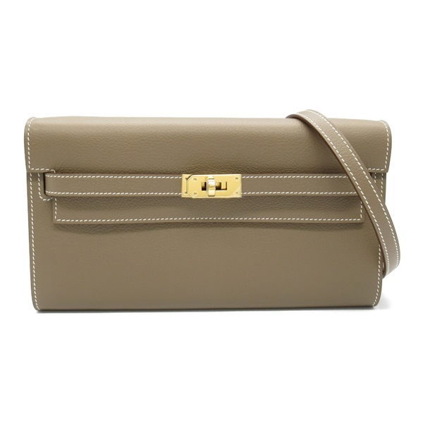 HERMES Kelly to go Shoulder Bag Evercolor leather Brown Etoupe Grey Used W GHW