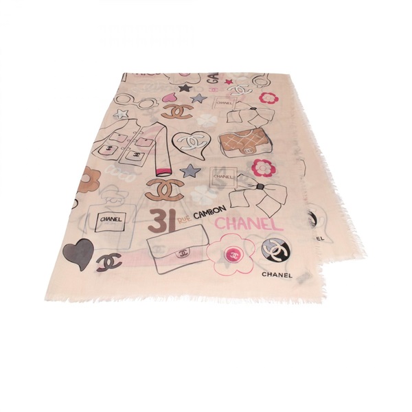 CHANEL icon Stole wrap scarf cashmere Beige Multicolor Used Women CC Coco
