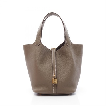 HERMES Picotin MM Hand bag W Taurillon Clemence Etoupe Grey GHW
