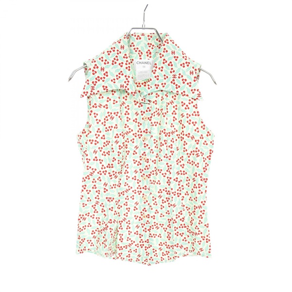 CHANEL COCO Mark Blouse Shirts P23057 cotton Green Multicolor Used Women size 36