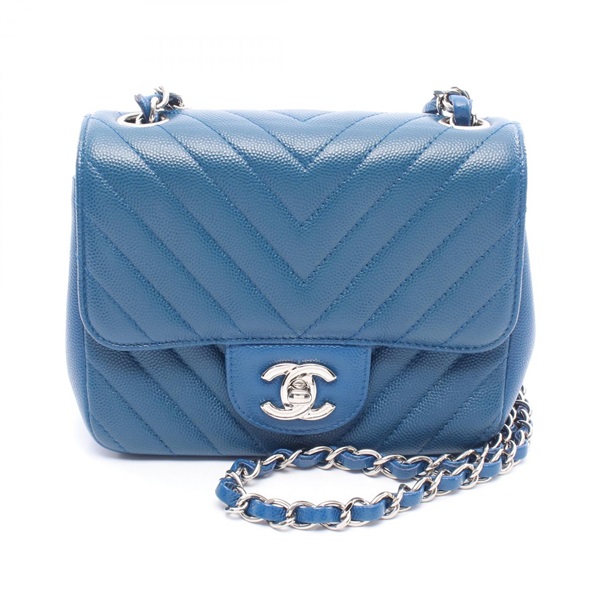 CHANEL Chevron V Stitch Crossbody Chain Shoulder Bag A35200 Calfskin Blue SHW