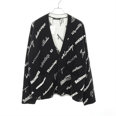 BALENCIAGA Logo Mania Cardigan 724852 Wool Polyester Black White Size L Mens