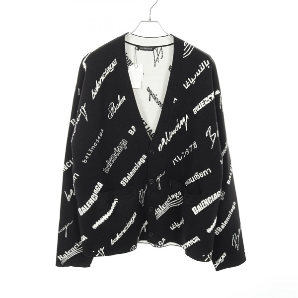 BALENCIAGA Logo Mania Cardigan 724852 Wool Polyester Black White Size L Mens