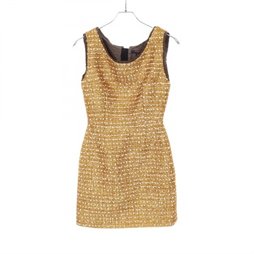 LOUIS VUITTON Tweed Dress RW222B Nylon silk polyester Gold White Used Women #34