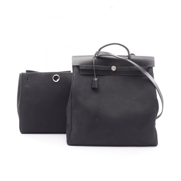 HERMES Herbag MM Shoulder Handbag canvas leather Toilet officer Black Used F SHW