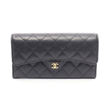 CHANEL Matelasse Tri-fold long wallet Calfskin Black GHW Used Women