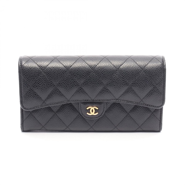 CHANEL Matelasse Tri-fold long wallet Calfskin Black GHW Used Women