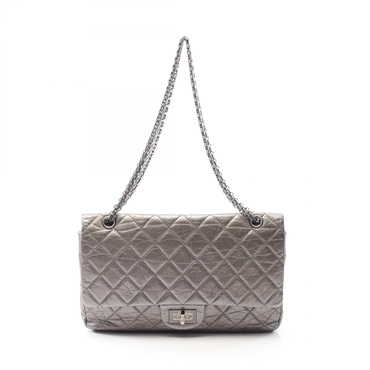 CHANEL 2.55 Matelasse Maxi W Flap Chain Shoulder Bag A37590 leather Silver Used