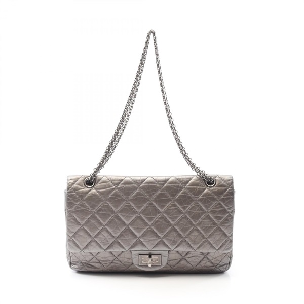 CHANEL 2.55 Matelasse Maxi W Flap Chain Shoulder Bag A37590 leather Silver Used