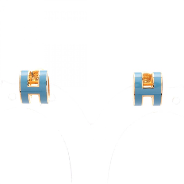 HERMES Mini pop H Pierced earrings Gold Plated Blue jean Used women
