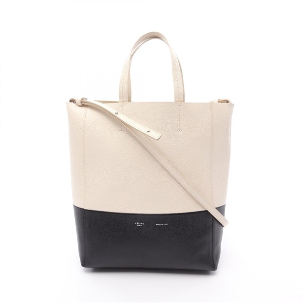 CELINE Vertical Small Cabas Tote Shoulder Bag leather White Black Used Women