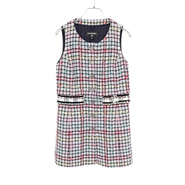 CHANEL CC Logo Button Tweed Long Gilet Vest P78867 cotton Nylon Multi #34 Women