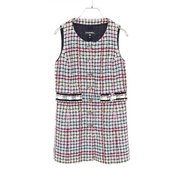 CHANEL CC Logo Button Tweed Long Gilet Vest P78867 cotton Nylon Multi #34 Women