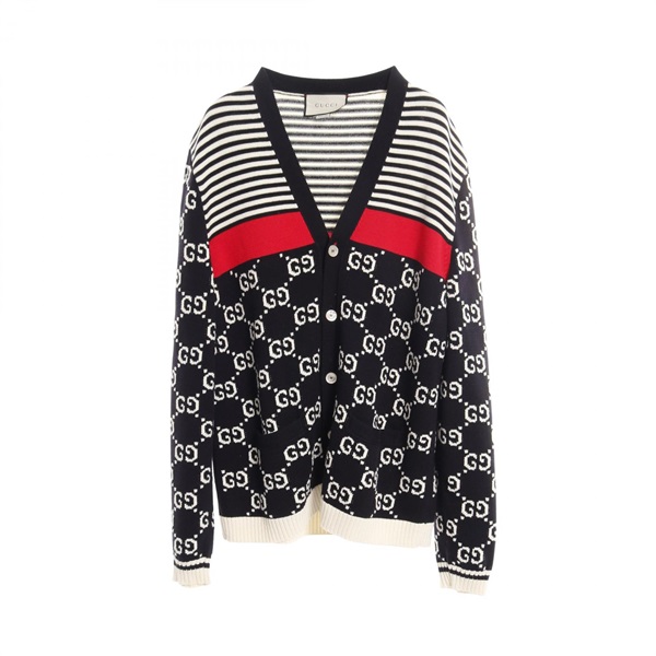 GUCCI GG Jacquard border cardigan 523048 cotton Navy White Red #XL Used mens