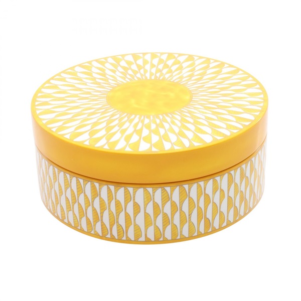 HERMES Soleil d'Hermès Box MM Tableware lacquer wood SS Yellow White Used unisex