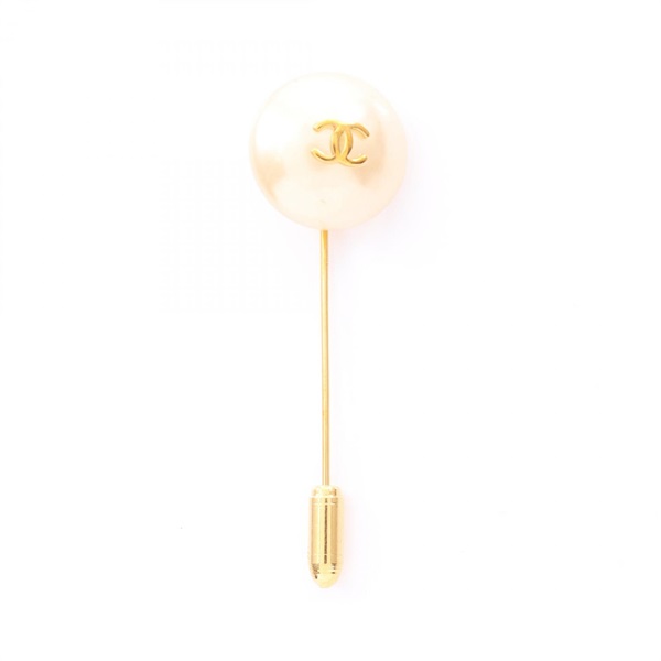 CHANEL COCO Mark Brooch Gold Plated Artificial pearl White Used Women CC Logo