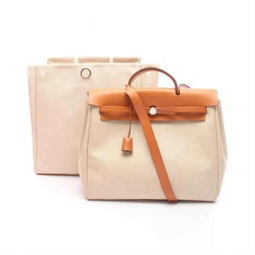 HERMES Herbag MM Shoulder Handbag Toile H leather Beige Brown Used Women E SHW