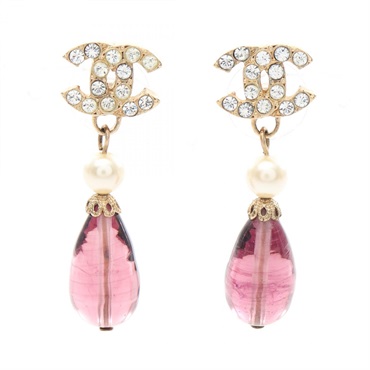 CHANEL COCO Mark Pierced earrings Gold Plated Crystals Rhinestones purple Used