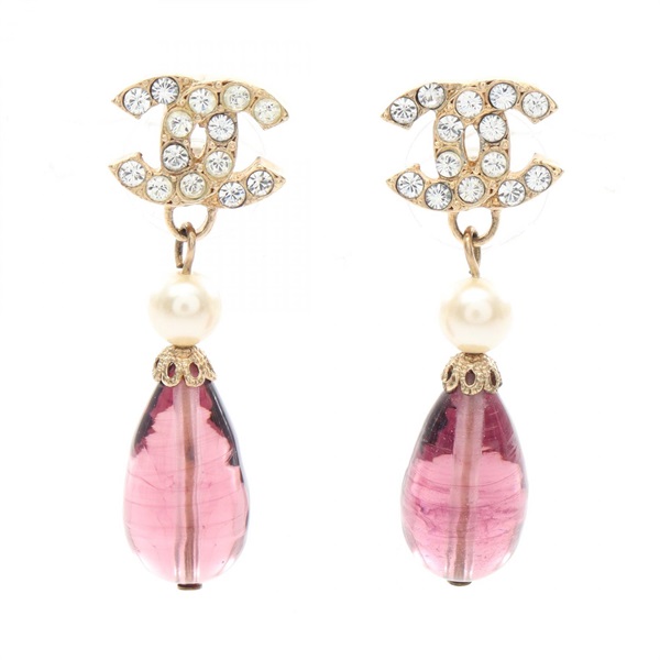 CHANEL COCO Mark Pierced earrings Gold Plated Crystals Rhinestones purple Used