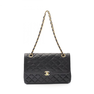 CHANEL Matelasse W flap chain Shoulder Bag Lambskin Black Used