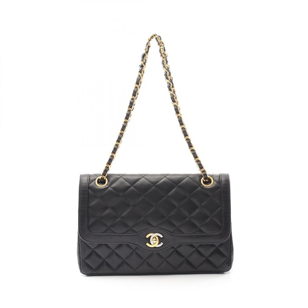 CHANEL Matelasse W flap chain Shoulder Bag Lambskin Black Used