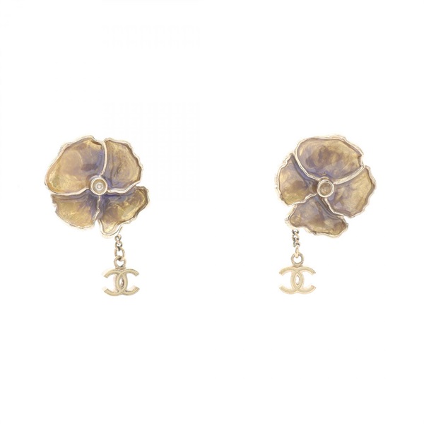 CHANEL Camellia COCO Mark Clip-on Earrings Gold Plated Used Women CC Logo