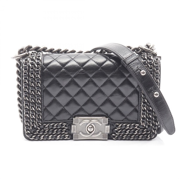 CHANEL Boy Chanel Small chain Shoulder Bag leather Black Used Women