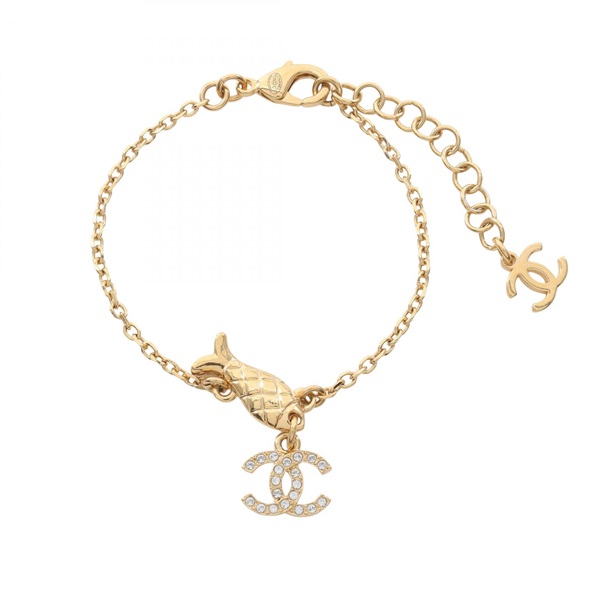 CHANEL COCO Mark chain Bracelet 19.5cm fish charm Gold Plated Rhinestone Used