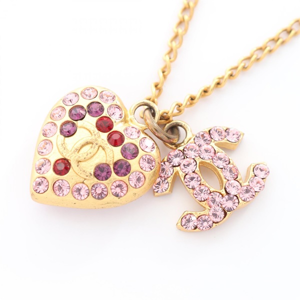 CHANEL COCO Mark Necklace pendant 40cm heart Gold Plated Rhinestone Pink Used CC