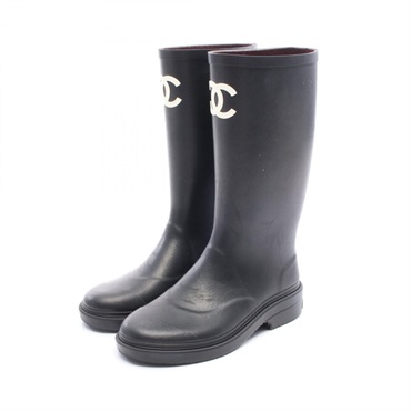 CHANEL COCO Mark boots Size 37 rubber Black White Used Women CC Logo