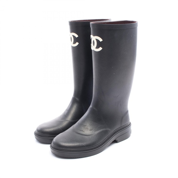 CHANEL COCO Mark boots Size 37 rubber Black White Used Women CC Logo