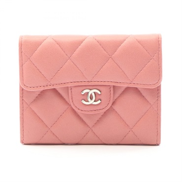 CHANEL Matelasse Card Case Wallet Lambskin Pink SHW Used Women CC Logo Coco Mark