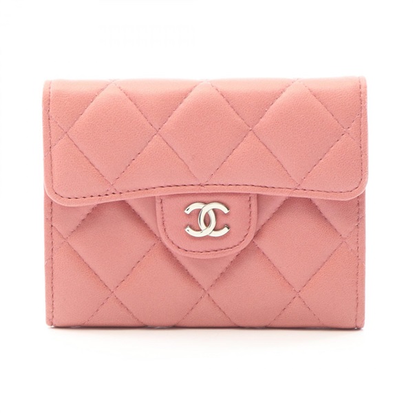 CHANEL Matelasse Card Case Wallet Lambskin Pink SHW Used Women CC Logo Coco Mark