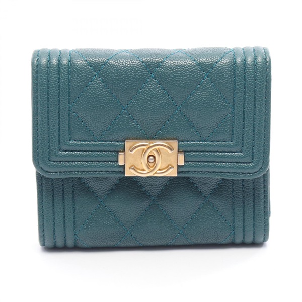 CHANEL Boy chanel Tri-fold wallet A84432 Grained Calf leather Green Used GHW CC