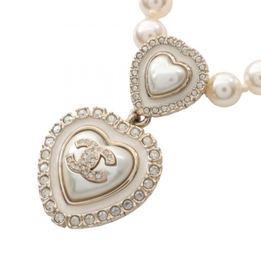 CHANEL COCO Mark Heart Necklace Gold Plated Artificial pearl rhinestone Used CC