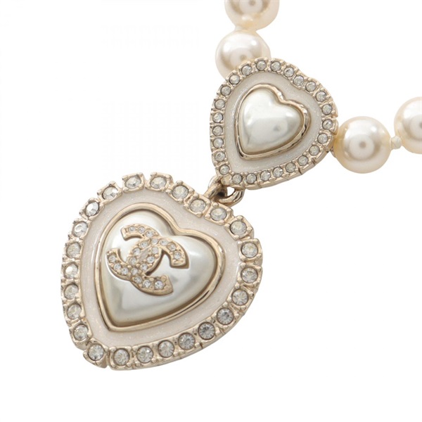 CHANEL COCO Mark Heart Necklace Gold Plated Artificial pearl rhinestone Used CC