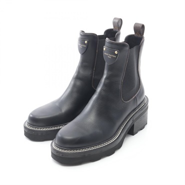 LOUIS VUITTON Bobble Boots leather Monogram canvas Black Brown Used Women #37