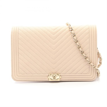 CHANEL Boy Chanel Matelasse Chain Shoulder Crossbody Bag WOC leather Beige GHW