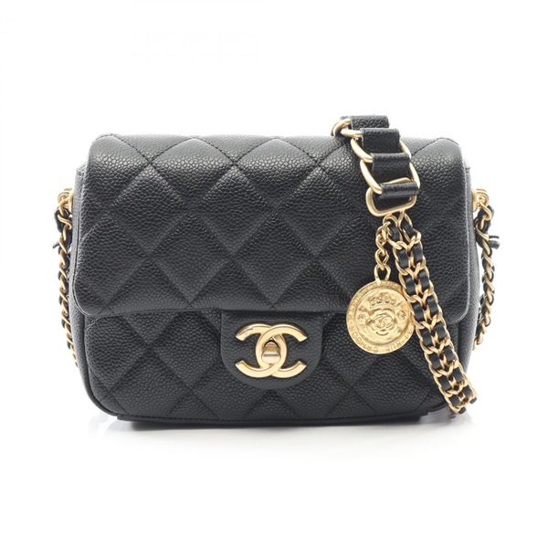 CHANEL Matelasse Camellia Shoulder Bag Grained calf leather Black Used Women GHW